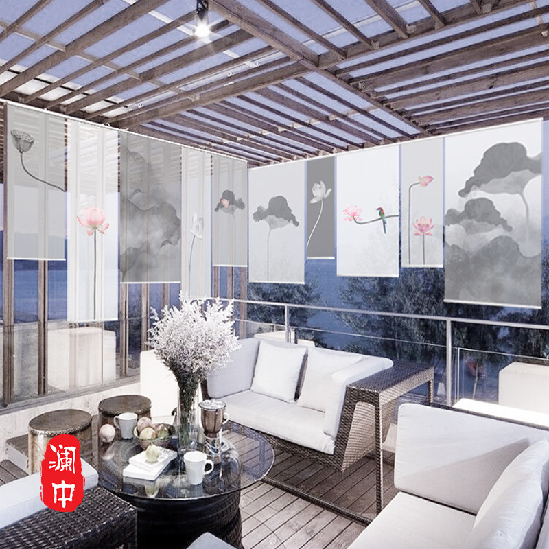 新中式卷帘窗帘升降遮光帘子半透明挂式屏风帘隔断帘客厅玄关荷花