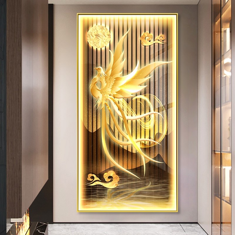 2022年新款浴火凤凰入户玄关装饰画中国风神鸟茶室采耳馆带灯定做