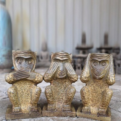 仿古石雕青石雕意创艺礼品石头三不猴子石灯座家居装饰工刻品摆件