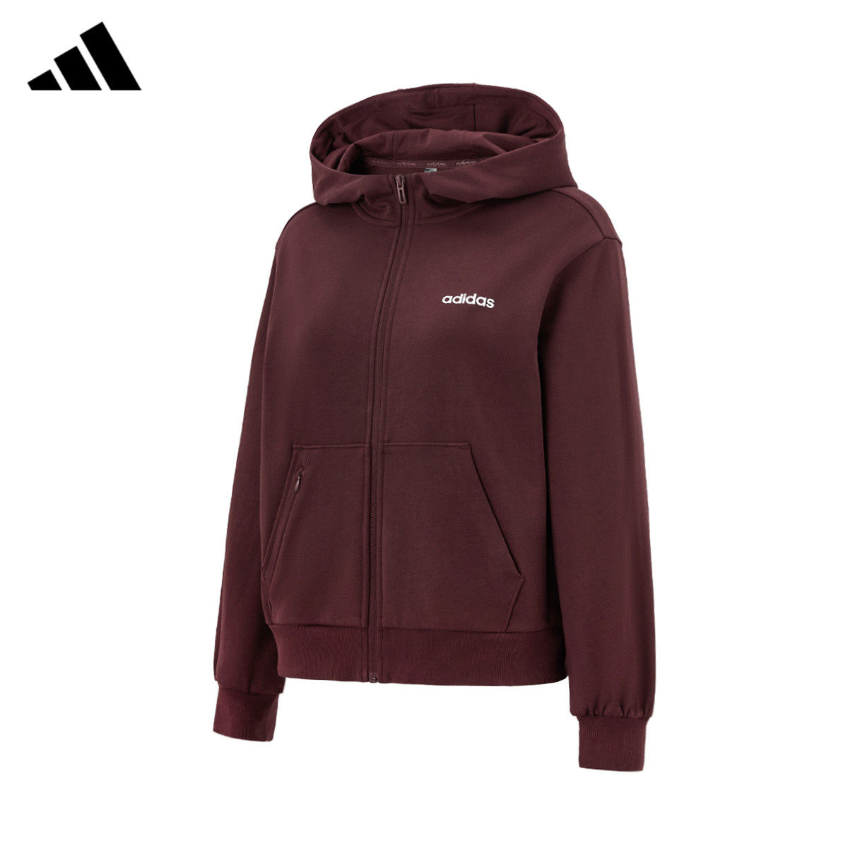 adidas运动卫衣女连帽拉链外套休闲廓形酒红色KA1504