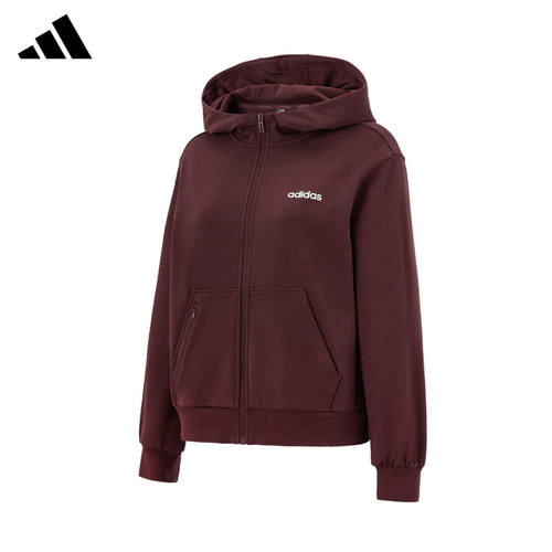 adidas女连帽拉链运动卫衣酒红