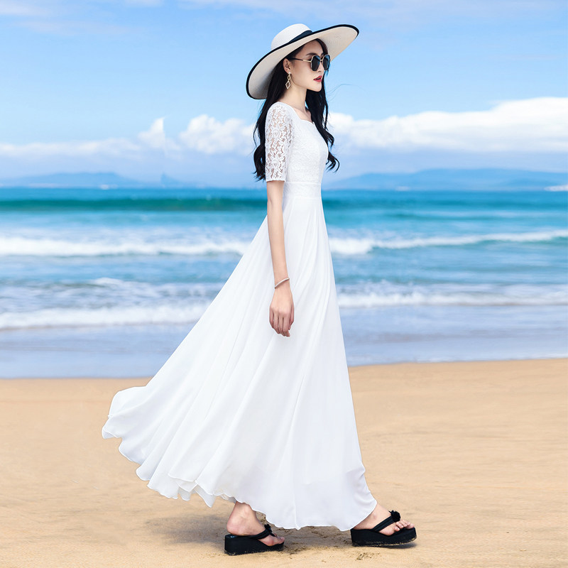 白色连衣裙女仙2023夏季新款气质雪纺长版大摆显瘦渡假沙滩长裙子