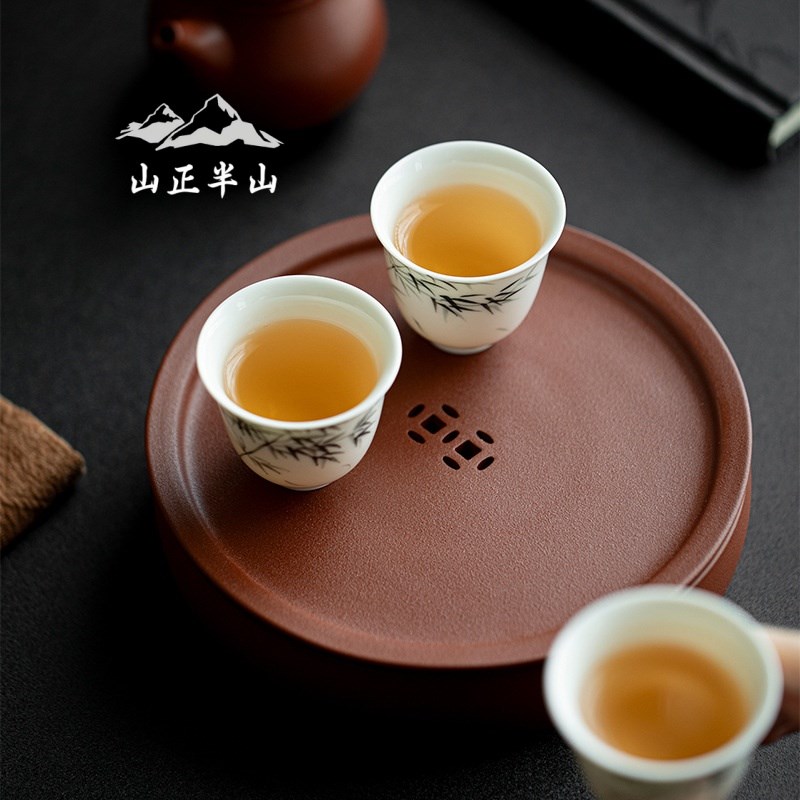 手工高档朱泥紫砂蓄水壶承茶道干泡盘紫砂壶底托建水茶壶承托盘