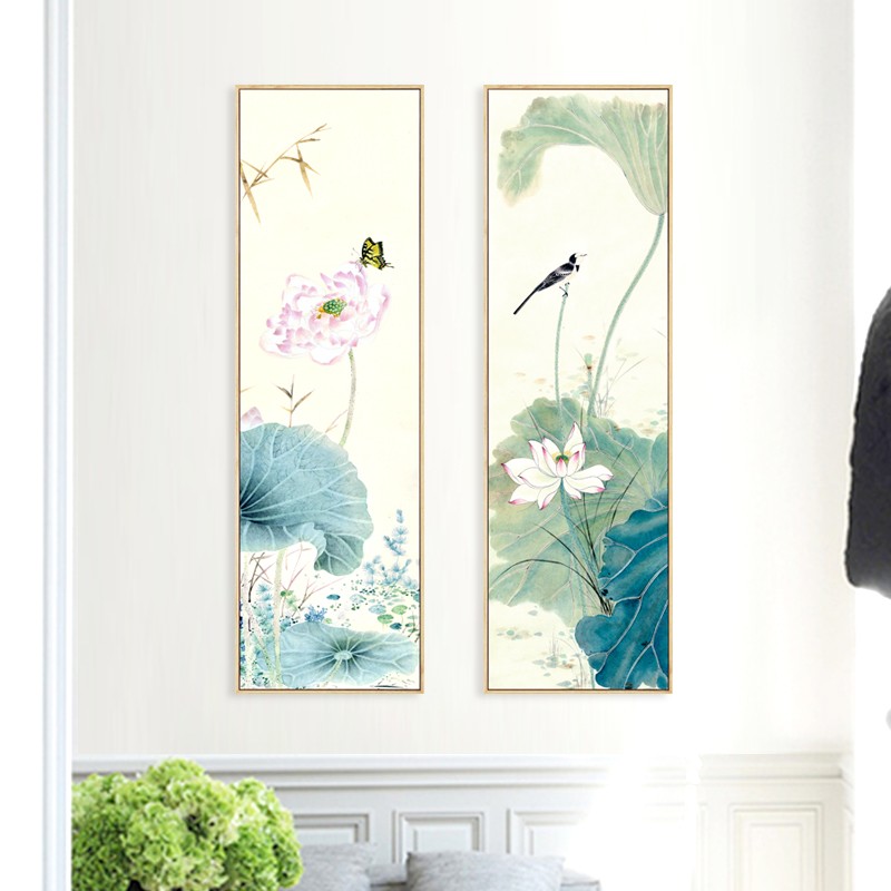 水墨宣言 荷花清新花鸟装饰画玄关走廊过道墙画田园风格竖版挂画
