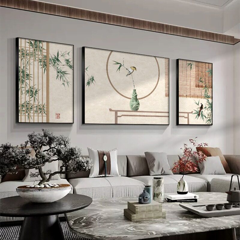 竹子新中式客厅竹报平安装饰画三联画沙发背景墙挂画寓意壁画中式