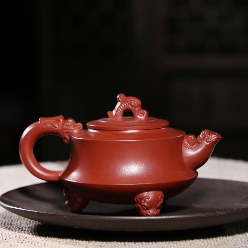 御壶 宜兴紫砂壶 纯全手工茶壶 原矿朱泥大红袍三足龙尊 大品茶具