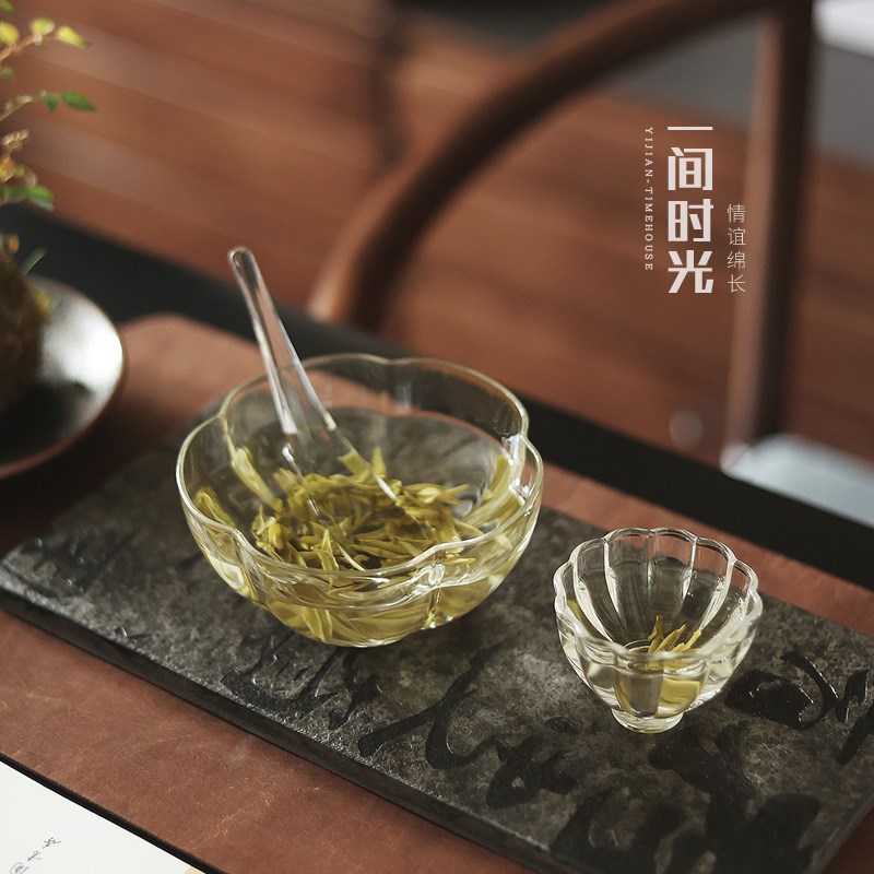 日式花瓣玻璃泡茶碗耐高温创意绿茶泡茶器带茶勺大号茶盏透明汤碗