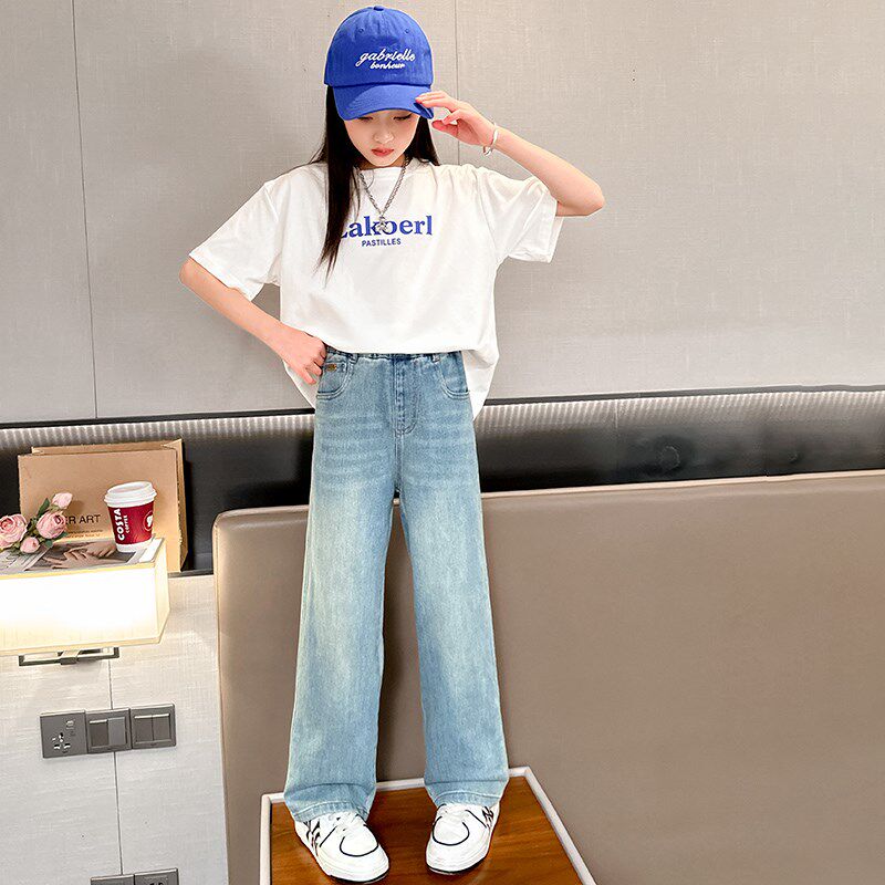 女童短袖t恤夏季套装2024新款儿童中学生大童夏装薄款牛仔阔腿裤