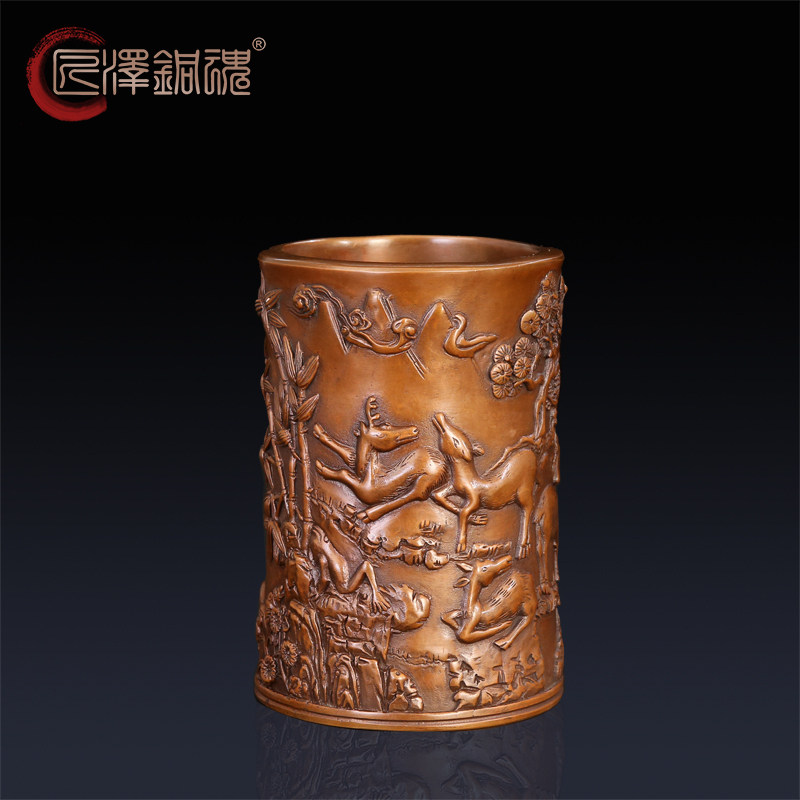 匠泽铜魂 松鹿草笔筒紫铜 纯铜笔筒文房办公用品商务书房装饰摆件