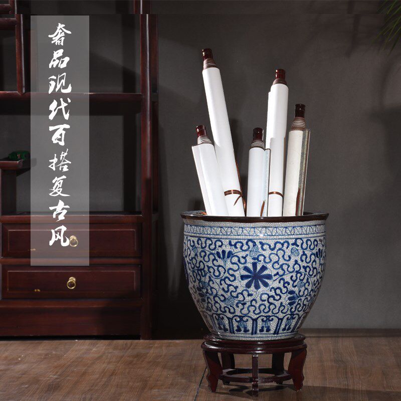 仿古青花景德镇陶瓷鱼缸摆件中式客厅书房落地书画缸卷轴缸字画筒