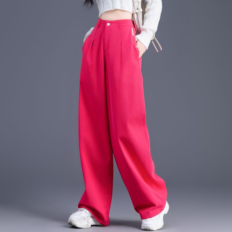 高腰显瘦2025年新款玫红色牛仔裤女春秋直筒宽松美式大阔腿裤长裤