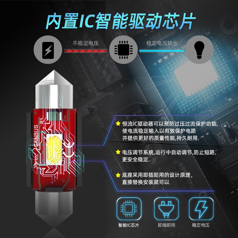 12v汽车led车内照明灯阅读灯车顶室内灯后备箱灯暖白双尖c5w灯泡