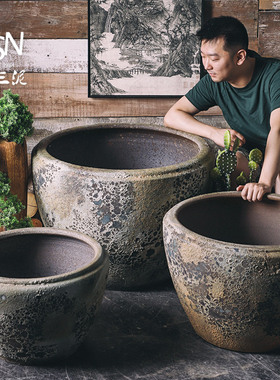 御三泥陶缸大缸粗陶复古手工金鱼瓷荷花缸摆缸鱼缸庭院子阳台水件
