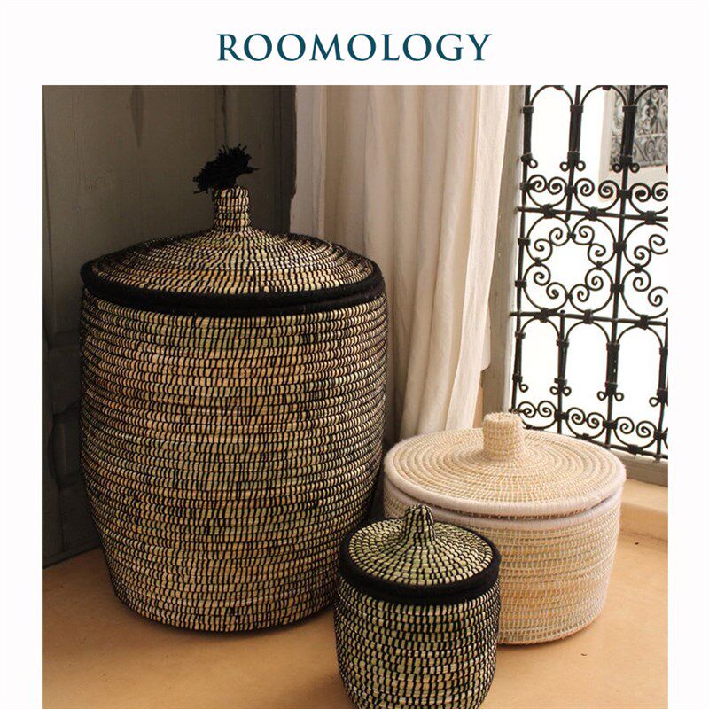 Roomo收ogy摩洛哥进口拉菲草羊毛编篮l纳织脏衣篓