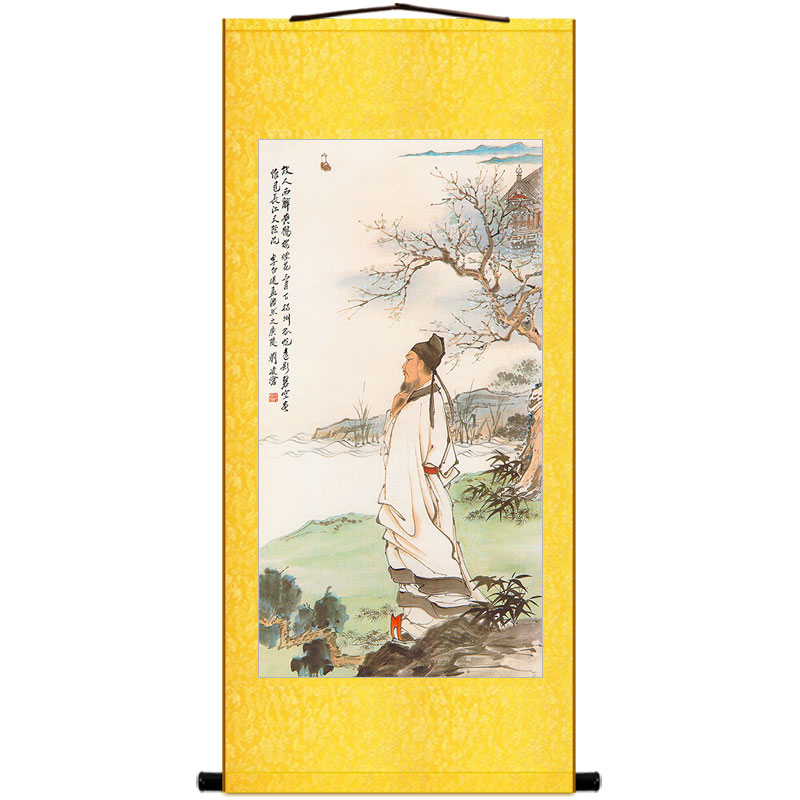 李白诗意图人物画 黄鹤楼清平调卷轴挂画绢布 中式复古装饰丝绸画