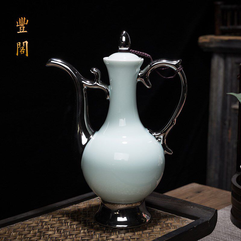 陶瓷白酒酒具鎏银酒具酒杯套装家用青瓷酒壶仿古分酒器中式高脚杯
