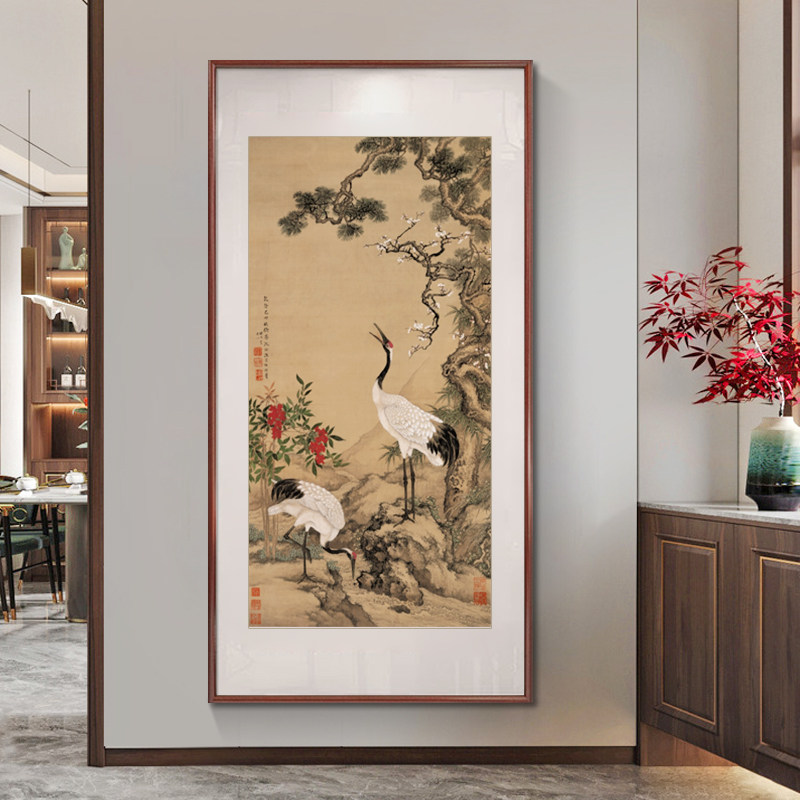 蟠桃图入户玄关装饰画新中式客厅走廊过道挂画花鸟画孔雀国画竖版