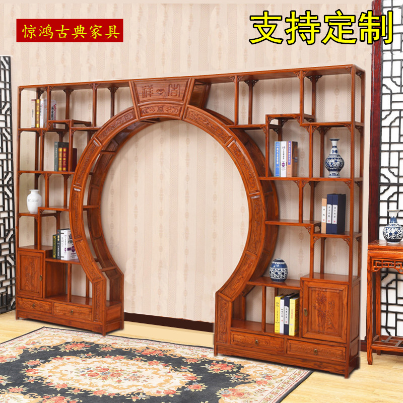 客厅月洞门中式隔断仿古门窗木雕玄关定制圆月亮门博古架实木拱门