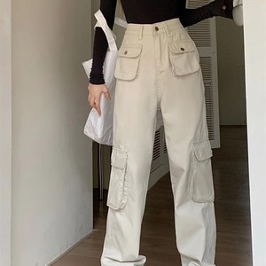 小吉家大码女装高腰工装牛仔裤秋季新款口袋设计感宽松显瘦阔腿裤