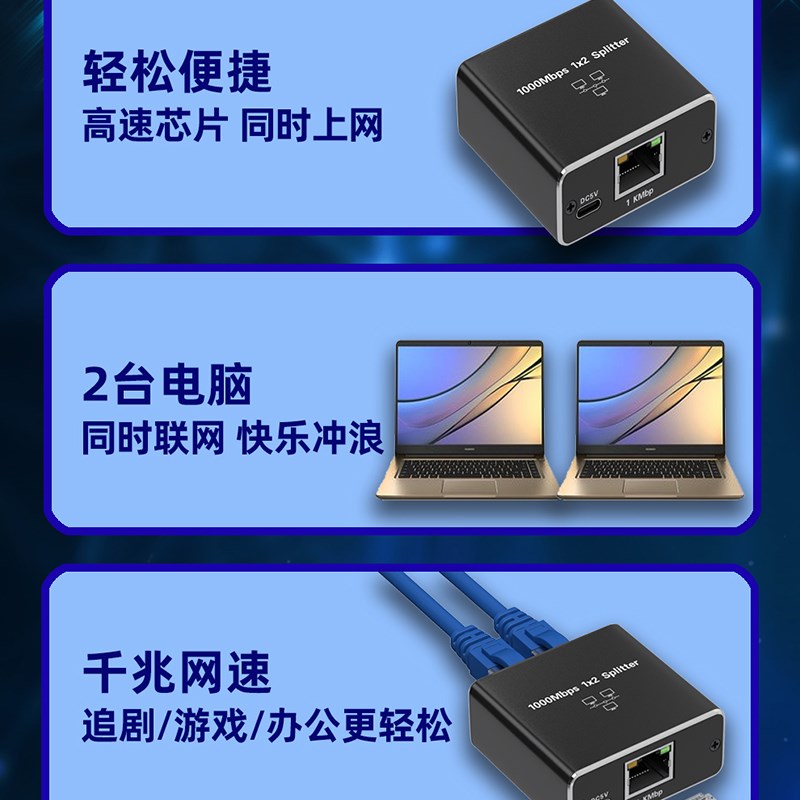 网线分线器一分二同时上网校园网络交换机分配器一拖二转接头千兆