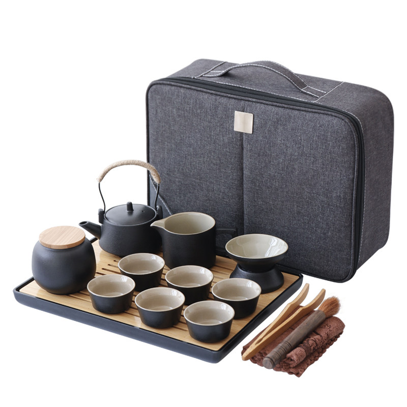 日式黑陶旅行功夫茶具套装家用便携式包陶瓷茶壶一壶六杯礼品定制