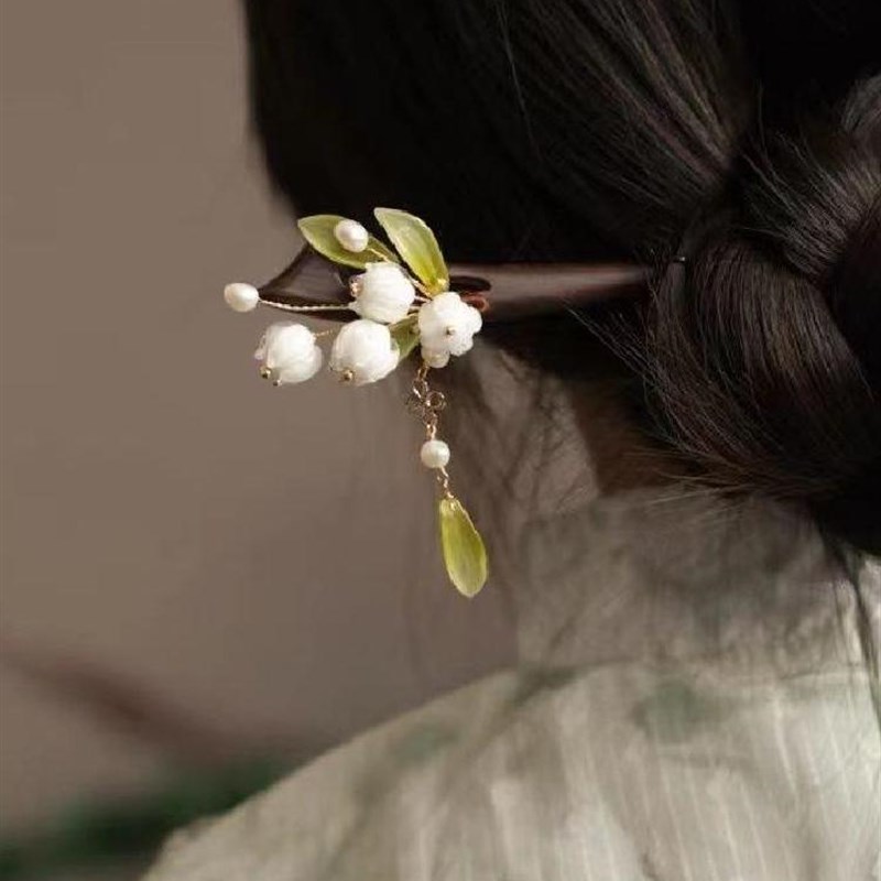 檀木发簪新中式日常盘发头饰铃兰步摇流苏簪子女古风旗袍汉服配饰图片