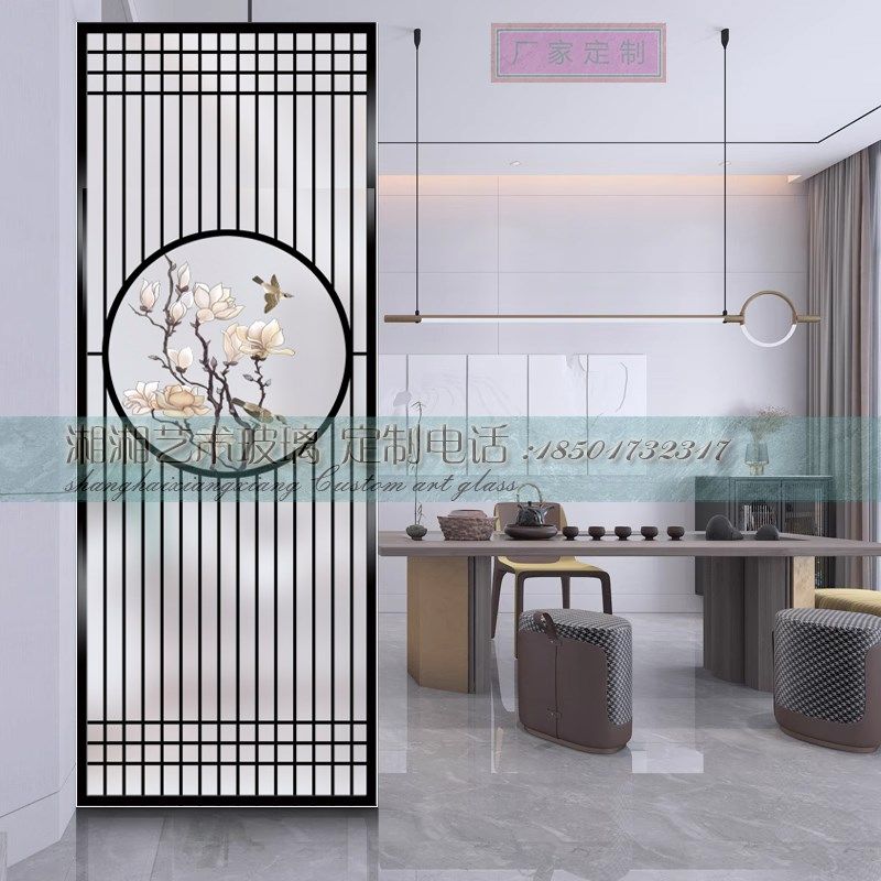 新中式艺术玻璃客厅入户屏风隔断双面磨砂透光入户玄关墙定制花鸟