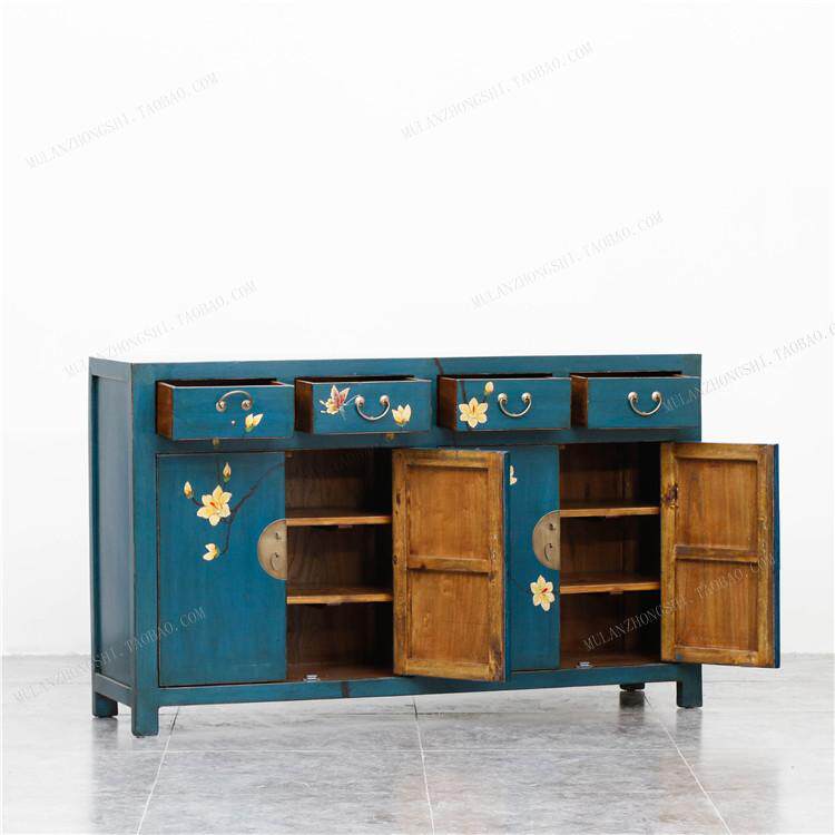 新中式彩绘鞋柜 实木仿古做旧餐边柜玄关门厅储物酒水柜古典家具