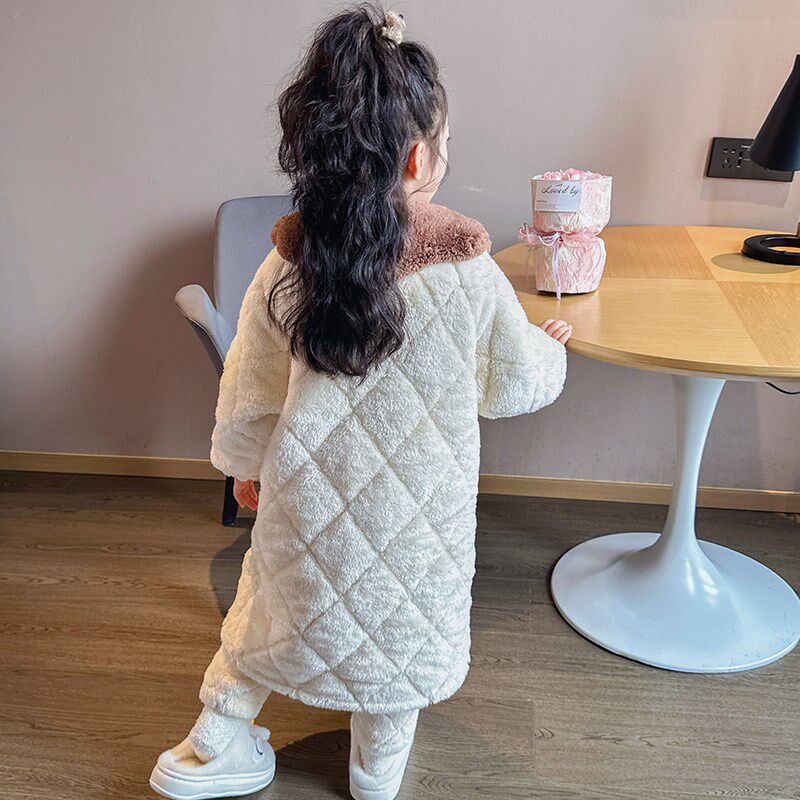 儿童睡衣套装冬季加厚款三层夹棉女童小孩珊瑚绒法兰绒家居服睡袍