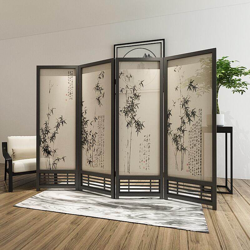 中式屏风隔断客厅办公室酒店可移动折叠布艺实木折屏郑板桥十竹图