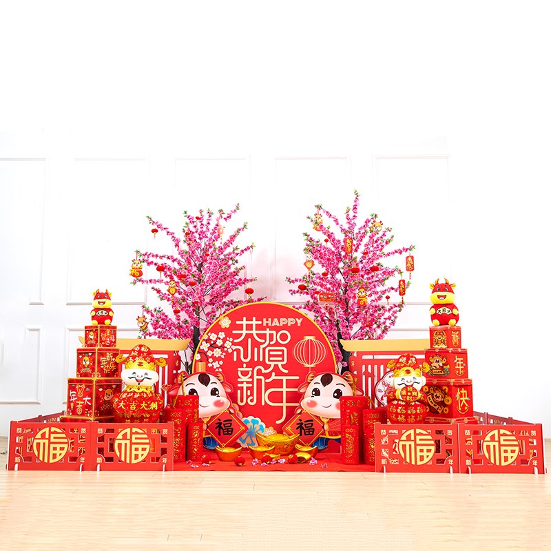2021春节新年装饰品元旦场景布置商场摆件桃花树堆头牛年美陈过年