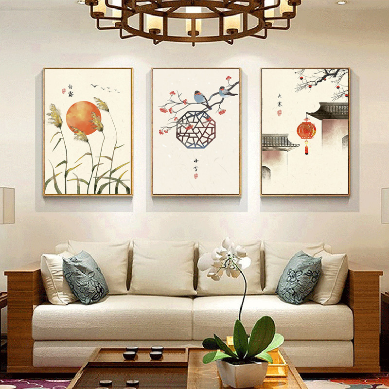 新中式二十四节气装饰画客厅沙发后面的挂画餐厅饭厅壁画三联日式