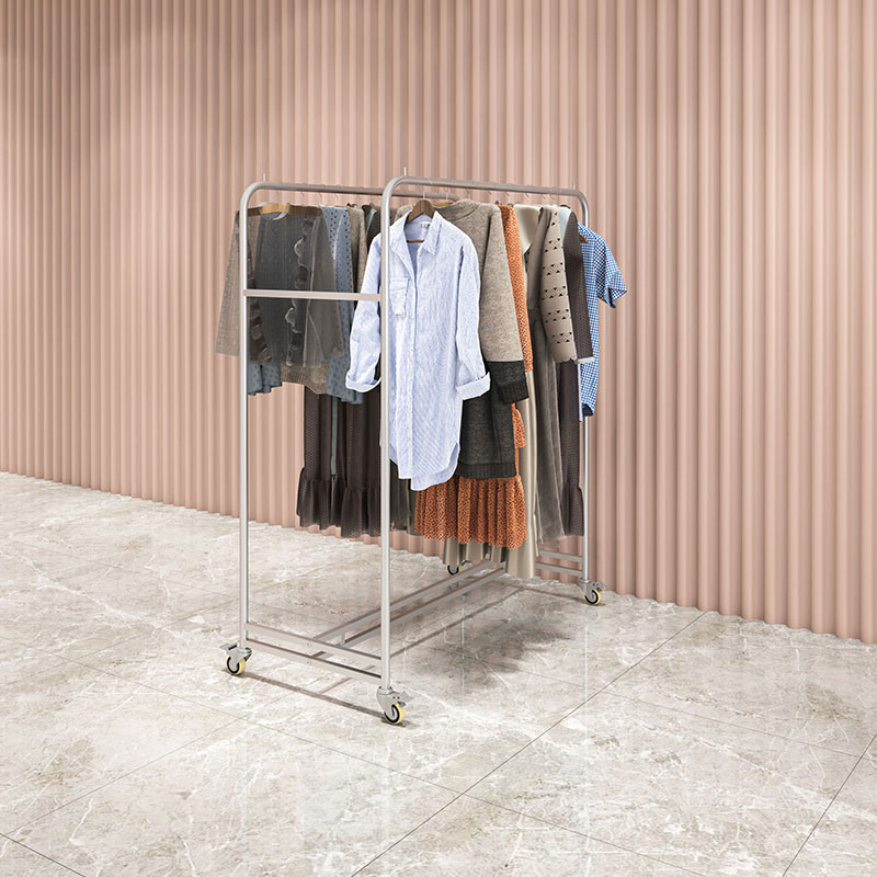 服装店双排中岛展示架不锈钢双杠带轮童装挂衣架女装店铺中间货架
