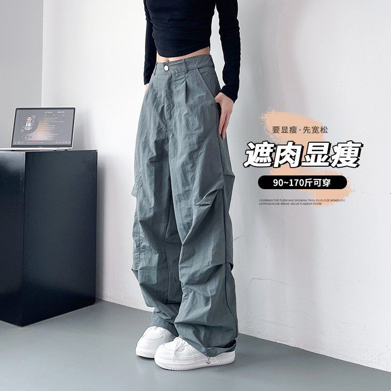 美式机能工装裤女2024早秋大码宽松胖mm显瘦阔腿酷飒拽姐西装裤夏