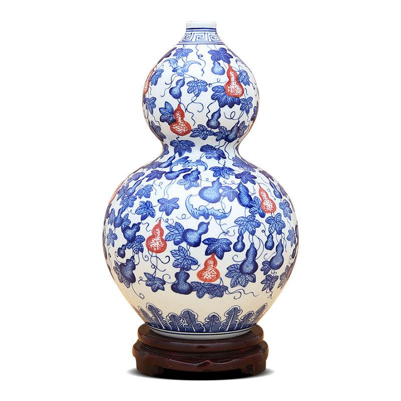 景德镇陶瓷器中式青花瓷葫芦花瓶办公室博古架客厅酒柜装饰品摆件