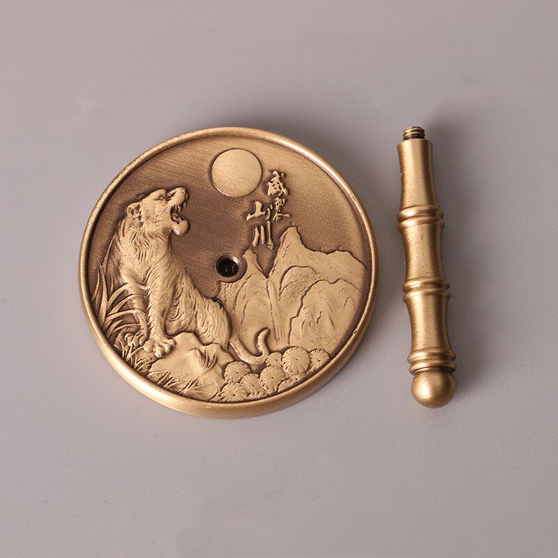 纯铜雕刻花纹圆灰压百鸟凤羊木香灰整平器打拓香模香灰押香道用具