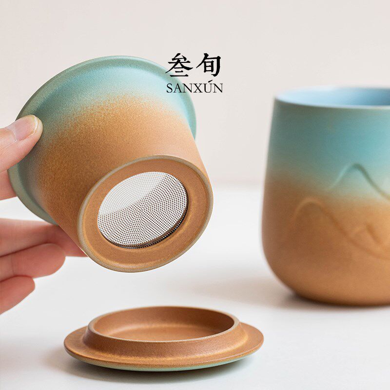 叁旬山峦泡茶杯陶瓷个人办公室专用茶水分离马克杯家用创意喝茶杯