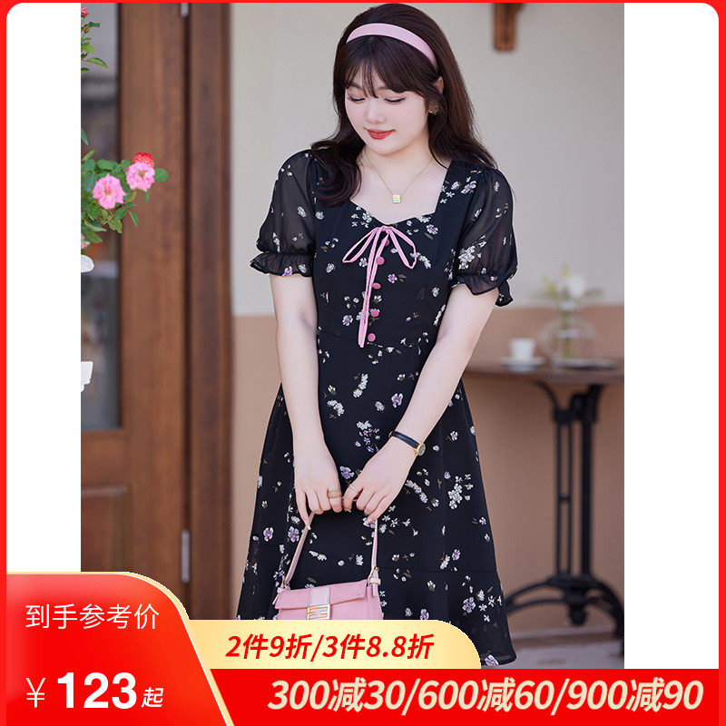 2023夏装新款大码女装显瘦胖mm黑色碎花短袖雪纺气质连衣裙荷叶摆