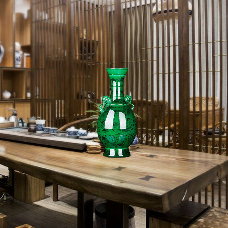 景德镇陶瓷器绿釉大花瓶仿古中式插花器摆件家居客厅装饰品工艺品