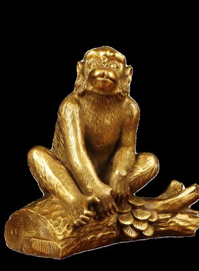 纯铜生肖猴黄铜摆件室内客厅办公室桌面坐树枝铜猴子装饰摆放用品