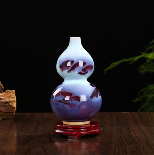 景德镇陶瓷器 仿古钧瓷郎红双耳小花瓶 客厅中式博古架工艺品摆件