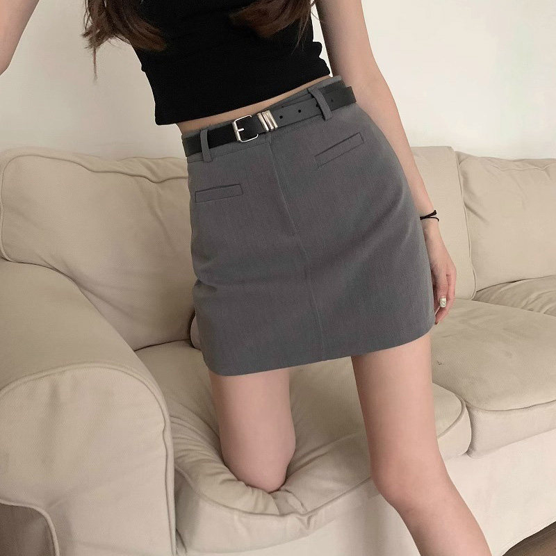 灰色西装短裙女夏季高腰显瘦小个子a字包臀裙百搭西装料半身裙裤