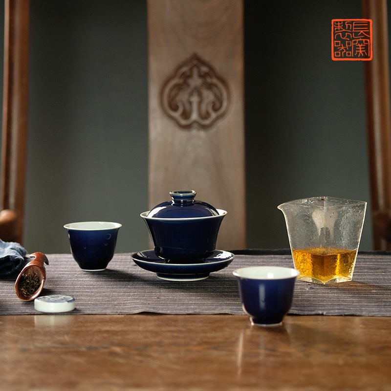 涂睿明长物居 单色釉胭脂水手工盖碗茶杯 景德镇仿古色釉陶瓷茶具