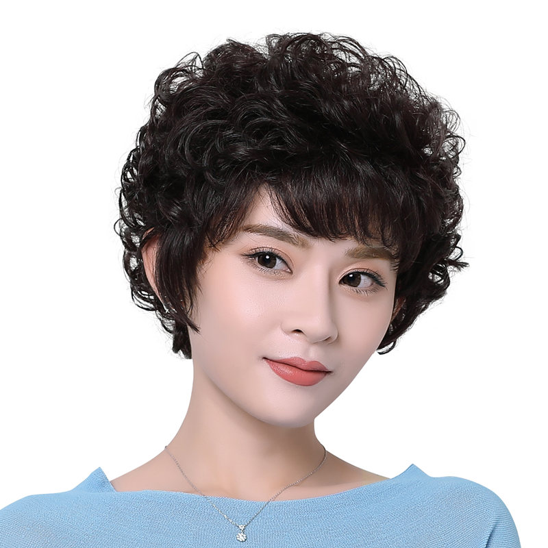 真发假发女短发真人发丝中年女士短卷发中老年妈妈全头套自然逼真