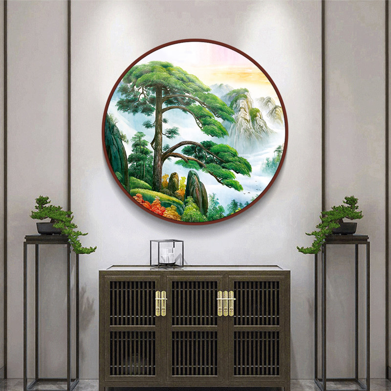 迎客松挂画中式禅意客厅装饰画圆形山水画大庁饭店松鹤延年壁画