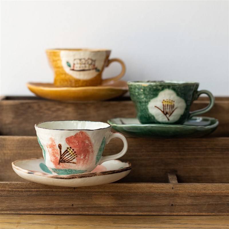日本濑户烧山茶花咖啡杯 手绘织布绿釉手工制作 一杯一碟组