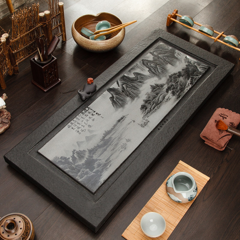 茶锦记乌金石茶具茶盘家用整块石头国画茶台简约茶海小客厅茶托盘