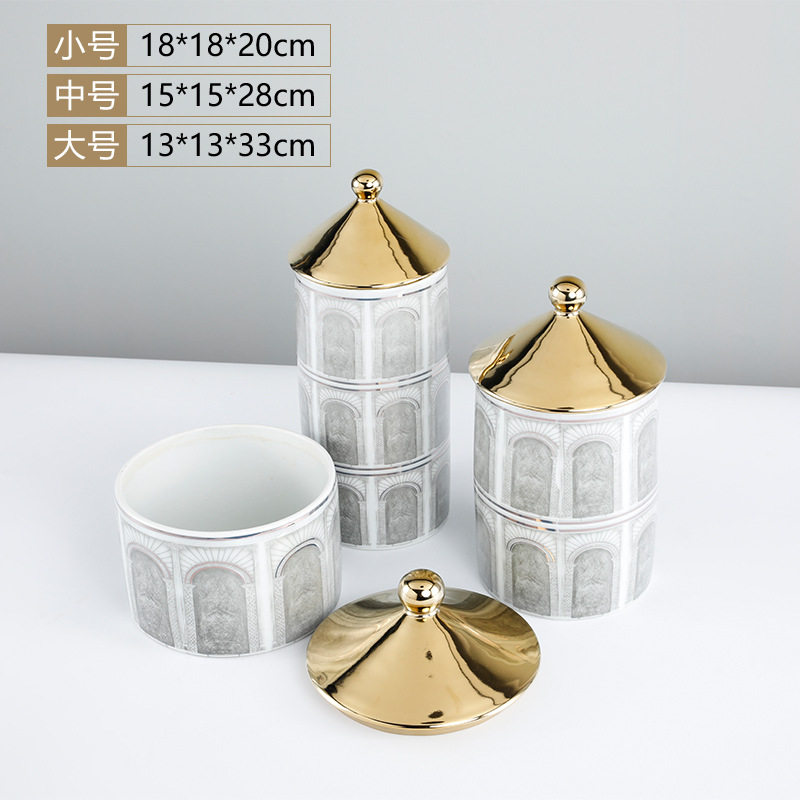 客厅电视柜玄关陶瓷水墨建筑图案储物罐欧式样板房售楼处软装饰品