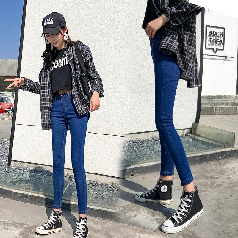 小个子高腰八分小脚牛仔裤女秋冬深蓝色加绒紧身显瘦春秋九分长裤