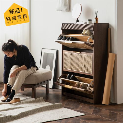 物应北欧实木鞋柜复古门口外收纳超薄透气翻斗玄关柜入户日式藤编